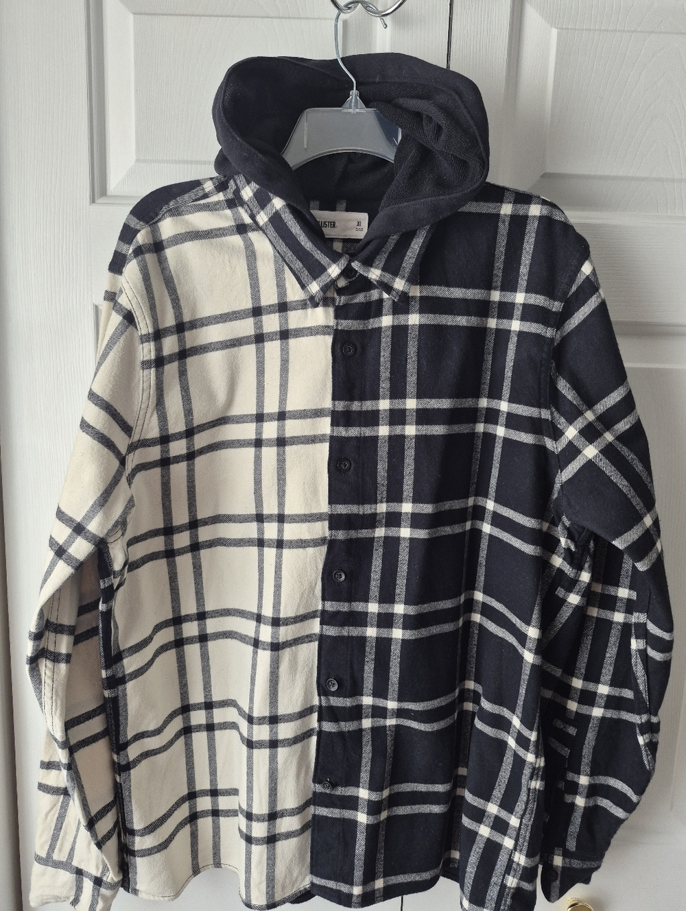 Hollister Two-Tone Black and Cream Plaid Hooded Flannel Shirt